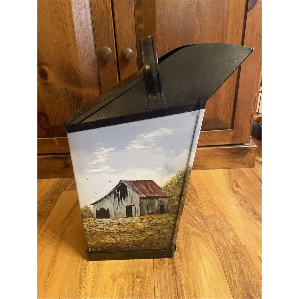 Vintage Galvanized Folk Art Hand Painted FARMHOUSE Coal Scuttle Bucket